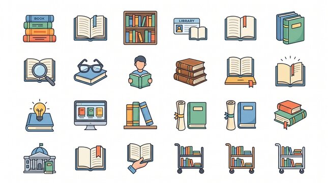 A collection of colorful flat design icons depicting various aspects of books, reading, libraries, and academic learning.