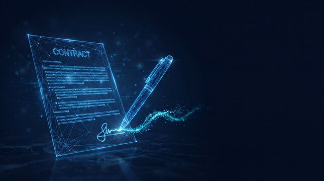 Glowing blue digital contract with electronic signature and pen on dark background