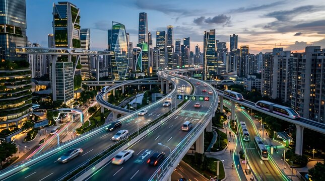 Vibrant City Skyline Over Multi Level Highway Interchange at Dusk