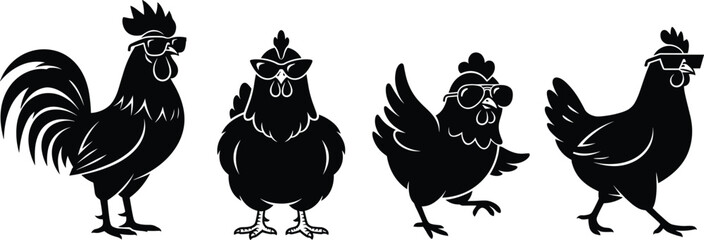 Cool Chicken Silhouette Set with Roosters and Hens Wearing Sunglasses Vector Design © MstBabli