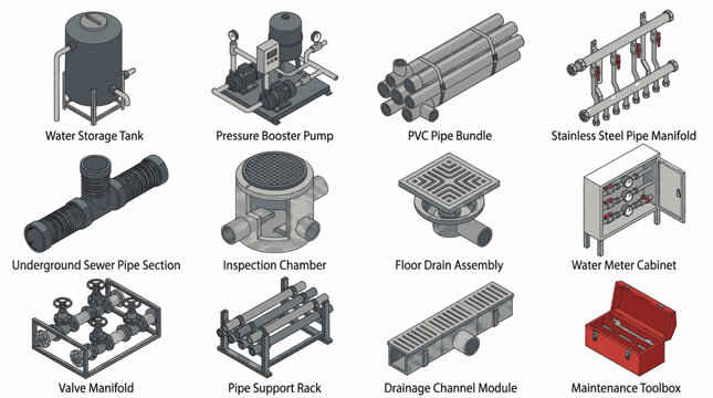 Set of isometric plumbing and water supply system components and industrial equipment icons.