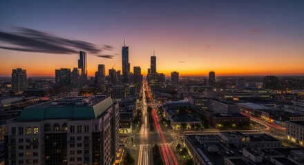 Fototapeta premium Cityscape at Dusk with Streaking Traffic Lights Under a Colorful Sky