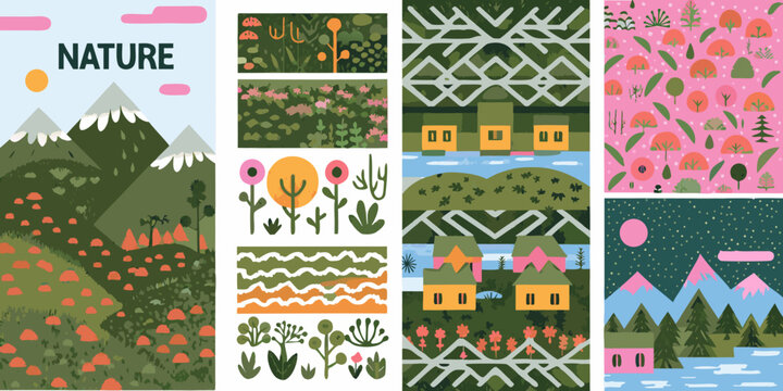 nature collage with geometric patterns and colorful illustrations landscape mountains houses flowers trees vector artwork design minimalist modern scenic environment outdoor ecology poster