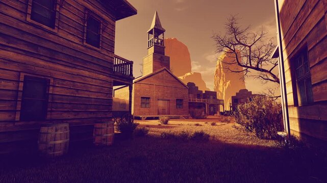Church in a Wild West town. Animation On The Theme Of History And Territories, People And Lifestyle.	
