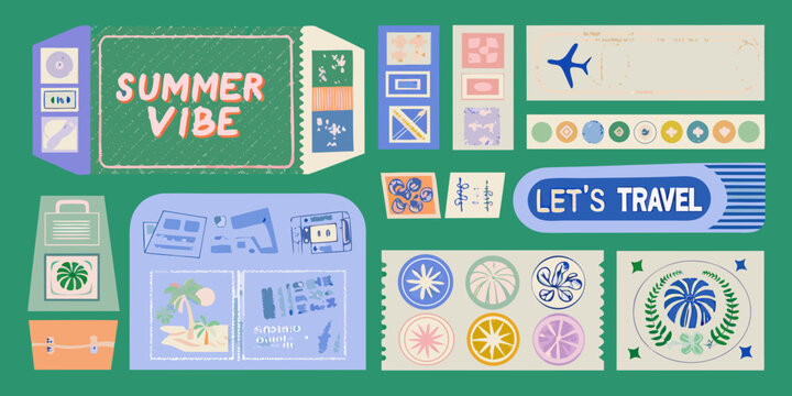 travel stickers colorful retro style collage summer vibe let passport stamps vacation icons holiday graphics tourism symbols adventure labels vector art illustration graphic