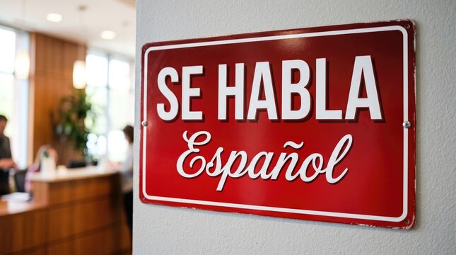 Red Se Habla Espa&ntilde;ol Sign on Wall in Blurred Hotel Lobby Background