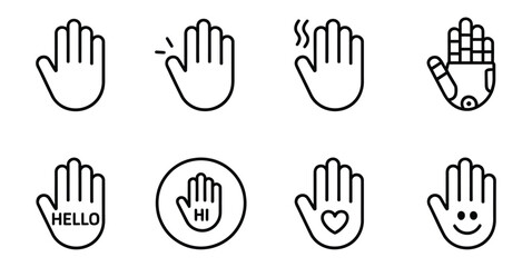 Greeting Hand Gesture Line Icon Set – Hello, Hi, Welcome and Waving Hand Outline Vector Symbols © MARUF 44