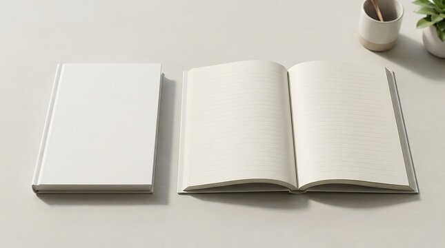 Blank notebook mockup with open pages and minimalist workspace setup