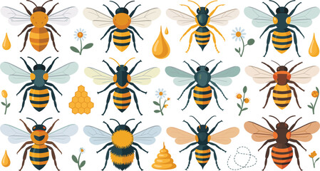 Honey Bee Collection with Flying Bees, Pollinating Insects, Honeycomb Elements, Nature Wildlife, and Cartoon Vector Illustration Set © Anowara