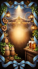 Fototapeta premium Festive Oktoberfest Bavaria Poster with Beer Mugs and Bar Decor Elements 192
