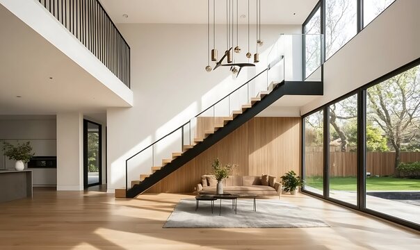 Contemporary duplex apartment interior with modern staircase, natural light and wood paneling.