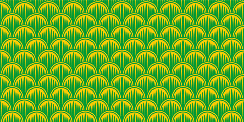 Japanese wave pattern background desktop wallpaper abstract backdrop illustration. Minimalist oriental seigaiha fish scale texture with green and yellow colors for design graphic © Muhammad Nashieh