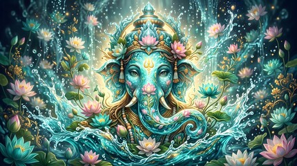 Obraz premium Lord Ganesha Deity with Lotus Flowers and Water Splashes