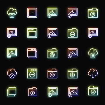 Digital photo gallery and cloud storage neon icons set with colorful glowing line art on black background