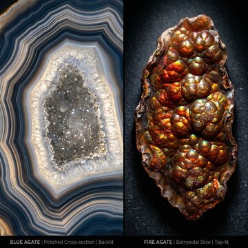 Split Screen Comparison Blue Agate Backlit Cross Section Fire Agate