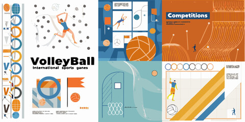 Naklejka premium volleyball sports poster with colorful vector illustrations athletes ball net competition action dynamic graphic design fitness activity teamwork playground indoor outdoor sportswear movement