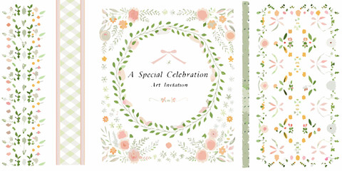 soft pastel floral invitation card with watercolor wreath flowers colors design pattern greeting celebration art style hand painted botanical wedding party invite event © Ella