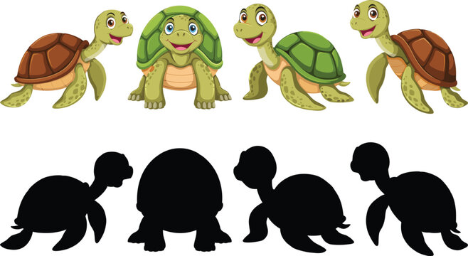 Cute Sea Turtle Cartoon Character and Silhouette Set Featuring Happy Marine Turtles in Different Poses for Kids, Wildlife, and Educational Designs