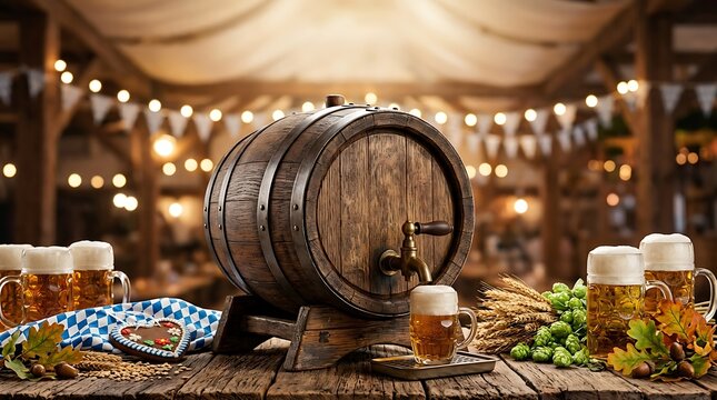 Wooden Oktoberfest Beer Barrel Display in a Bavaria Festival Hall Celebration