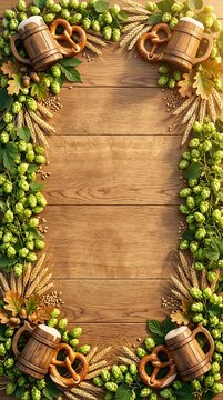 Oktoberfest Bavaria Style Wheat and Hops Border Frame on Rustic Wood Surface