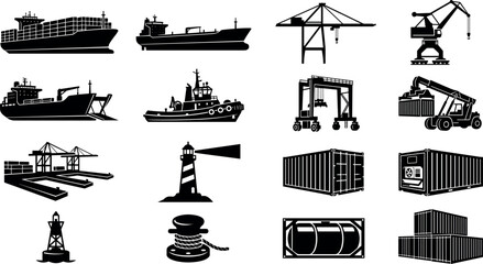 Obraz premium Crane Ship and Port Equipment Vector Icons Set for Logistics, Cargo Handling, Maritime Transport, Container and Harbor Design