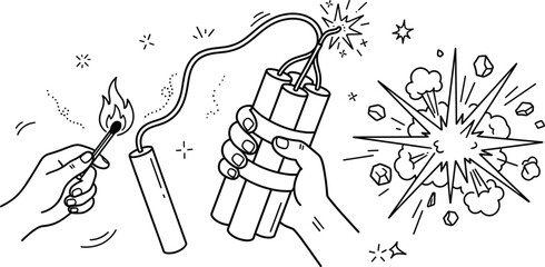 Dynamite Explosion and Burning Fuse Line Icons Set with Hand Holding Match Vectors © MstBabli