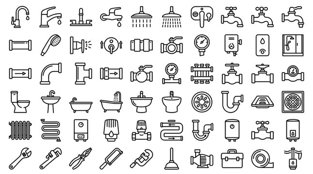 Plumbing icons, 60 water pipe vectors isolated on White Background