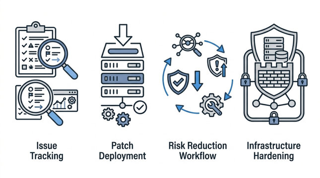 Cybersecurity workflow icons for issue tracking patch deployment risk reduction and infrastructure hardening.