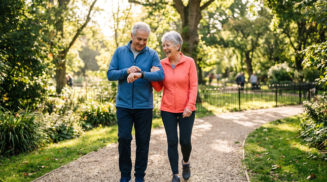 Active senior couple walking in a park, smiling while looking at a smartwatch fitness tracker