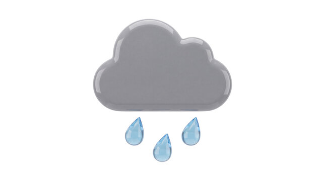 Glossy rain cloud with falling water droplets 3d render on transparent background raincloud raindrop