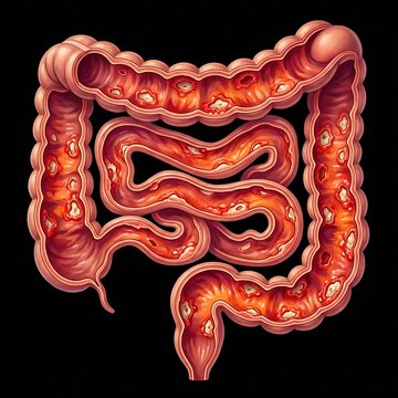 colon with a severe case of ulcerative colitis, showing extensive inflammation, ulcers, and bleeding. The internal surface is raw and bloody.