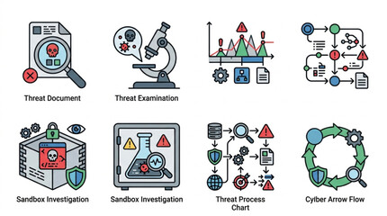 Cybersecurity threat analysis and investigation icons set. © King