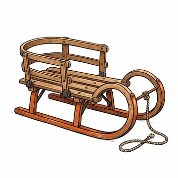 A hand-drawn style illustration of a classic wooden sled with orange metal runners, perfect for snowy outdoor winter activities, vector isolated on white