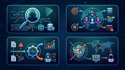 Cybersecurity threat analysis and data protection infographic elements. © King