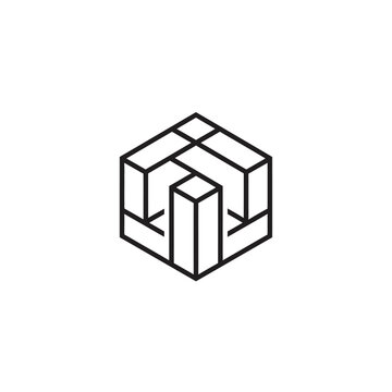 Abstract geometric cube illusion, optical art, impossible object design, monochrome line art