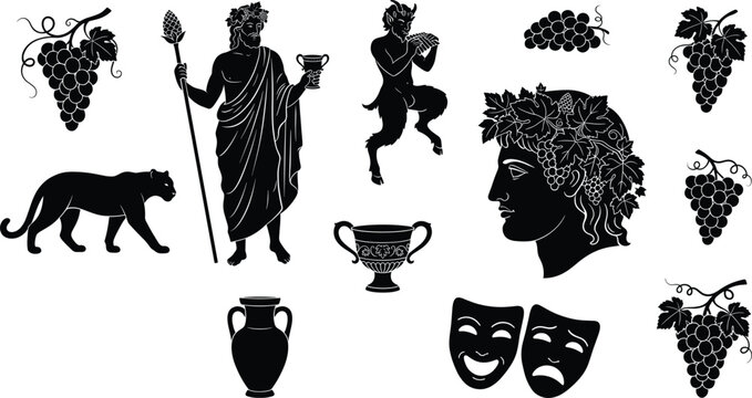 Greek Mythology Dionysus God Icons Set with Grapes Satyr and Theater Mask Silhouette