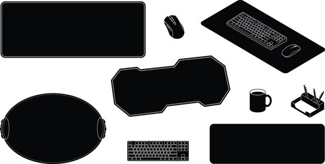 Desk Pad and Computer Mouse Keyboard Silhouette Icons Set for Workplace Office Setup © MstBabli