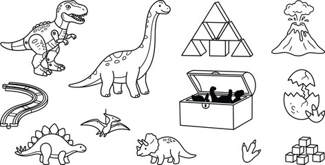 Dinosaur Toy Line Icons Set with Prehistoric Creatures and Blocks for Kids Designs © MstBabli