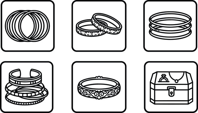 Traditional Indian Bangle and Jewelry Box App Icon Set Featuring Ornate Wedding Bands, Gold Kangan, Kada Bracelets, and Treasure Chest Vectors