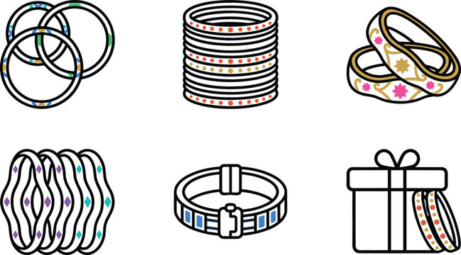 Traditional Indian Bangle and Jewelry Icon Set Featuring Colorful Stacked Bracelets, Ornate Wedding Bands, Diamond Kada, and Gift Box Vectors