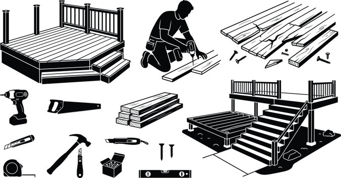 Wooden Deck Construction Carpentry Carpentry Carpentry Hand Tools and Carpenter Silhouette Vector Icon Set