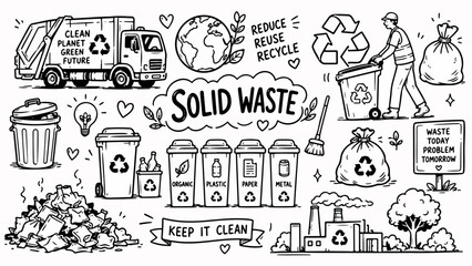 Obraz premium Hand drawn solid waste management doodle set, recycling icons and garbage truck vector, environmental sustainability collection isolated PNG with Transparent Background
