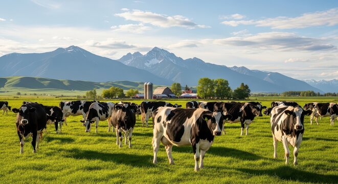 Cows Grazing in a Green Field Under Blue Sky. Rural Farming Scene with Livestock. Pastoral Landscape with Cattle and Nature.