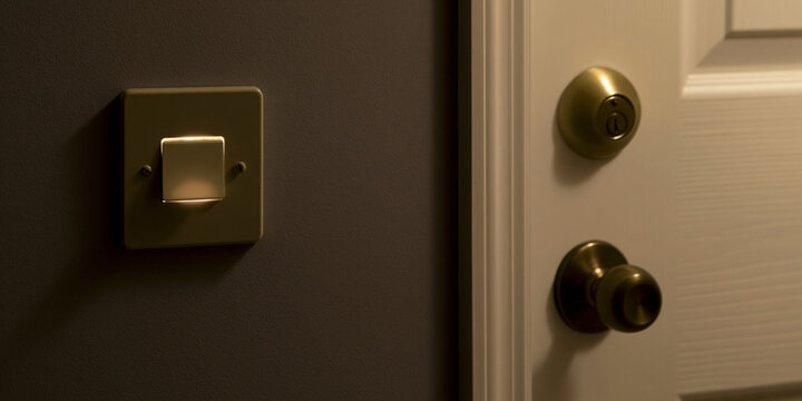 Light switch and doorknob on a wall and door