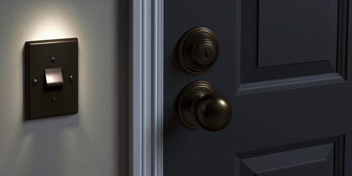 A light switch is illuminated on a wall next to a dark door with a brass knob. The switch is in the on position, casting a soft glow on the surrounding wall.