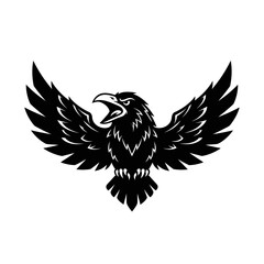 Fototapeta premium Aggressive Black Eagle Silhouette with Open Wings and Beak on White Background