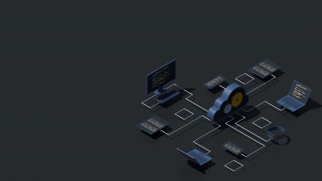 3D isometric cloud technology computing animation. Isometric network with computer, laptop, tablet, and smartphone. Isometric technology. 4K video animated in isometric style