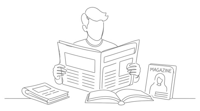 Person Reading Newspaper with Books and Magazine on Desk