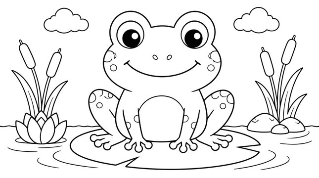 Smiling Frog on a Pond with Reeds and Clouds