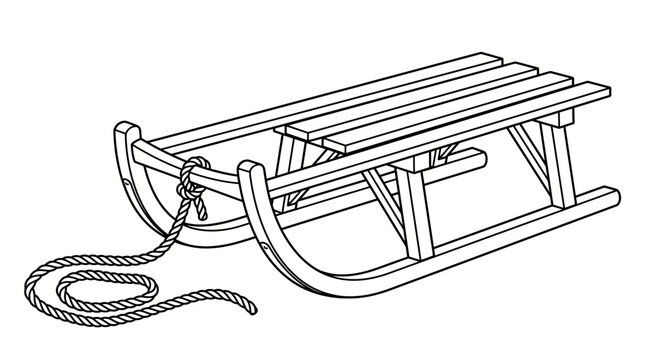 Line art traditional wooden sled with pulling rope for winter snow activities. Vector illustration. Isolated on a white background